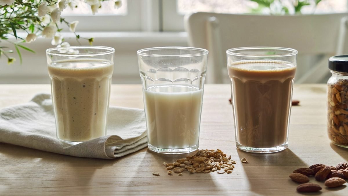 Three glasses of oat, almond and cashew milk lined up on a wooden table in natural light
