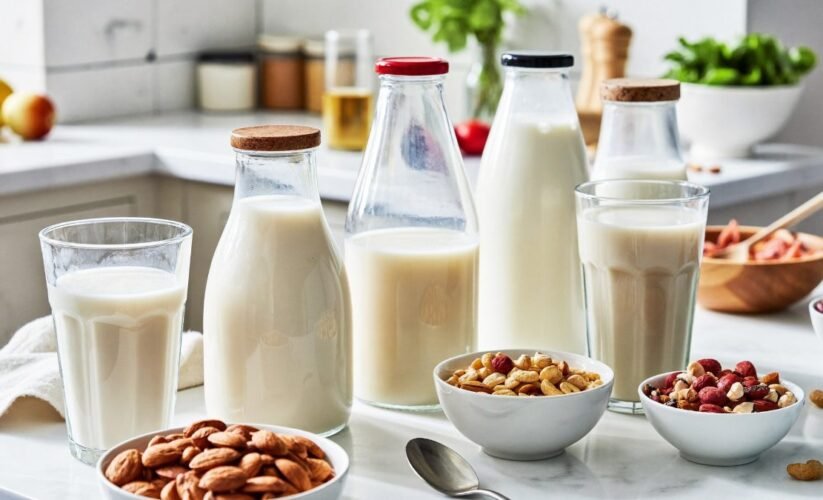 Assorted plant-based milks in glass bottles with bowls of almonds and nuts on a bright kitchen counter