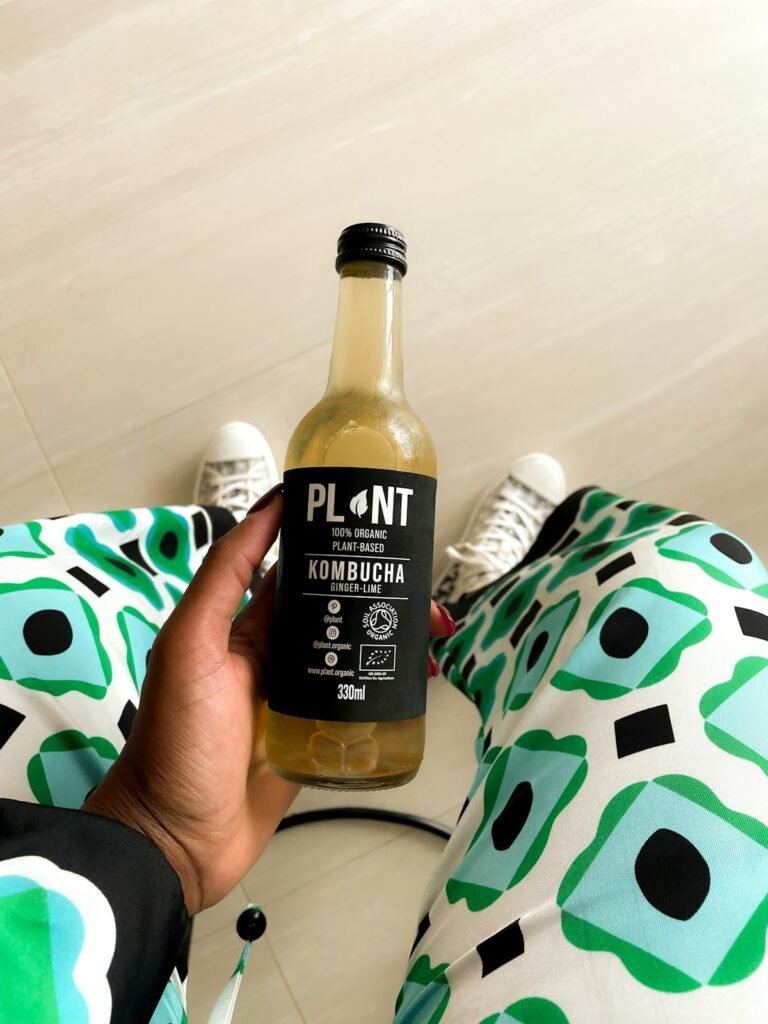Bottles of probiotic kombucha on a counter
